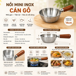 Nồi Mini Inox Cán Gỗ 14cm,Chống Bỏng ,Tay Cầm Chắc Chắn,Nấu Mì,Đun Sữa,Dùng Được Bếp Gas & Bếp Từ