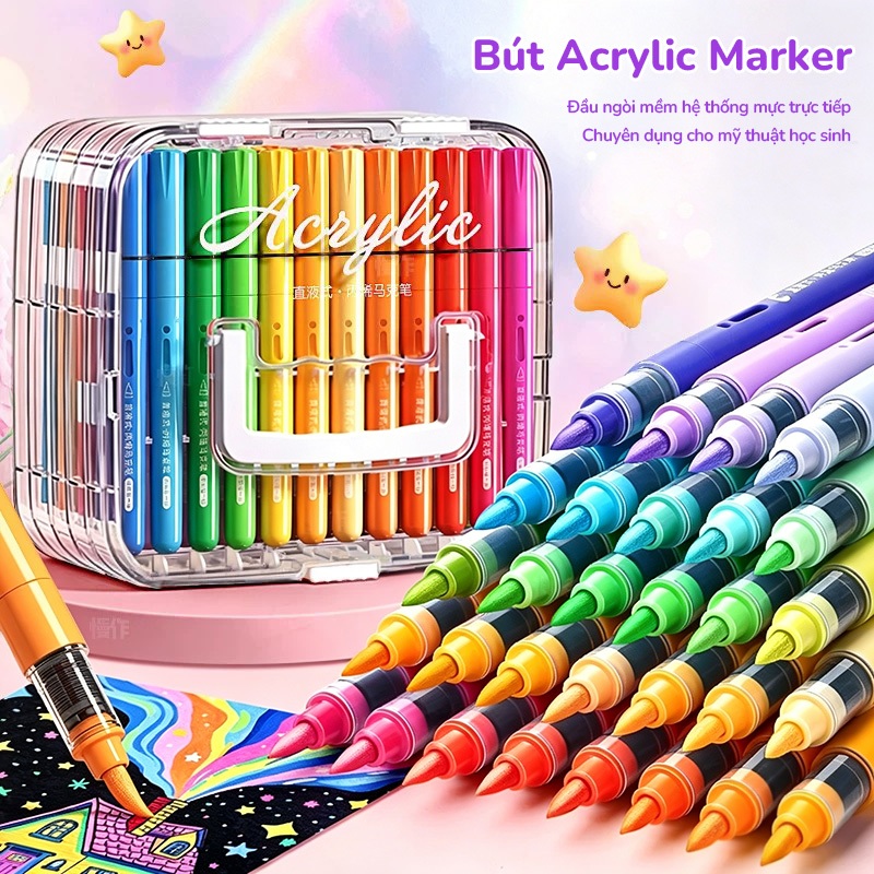 Bút Màu Màu Acrylic Marker Nhiều Màu Tranh Vẽ Cho Bé Ngòi Brush Combo Hộp Đa Dạng Màu Sắc Vẽ Được Trên Mọi Chất Liệu