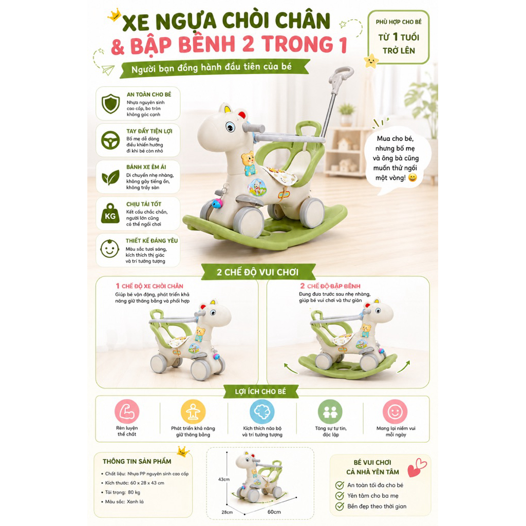 Ngựa bập bênh đa chức cho bé từ 1 đến 3,4 tuổi  vừa bập bênh vừa chòi chân có nhạc, có tay đẩy
