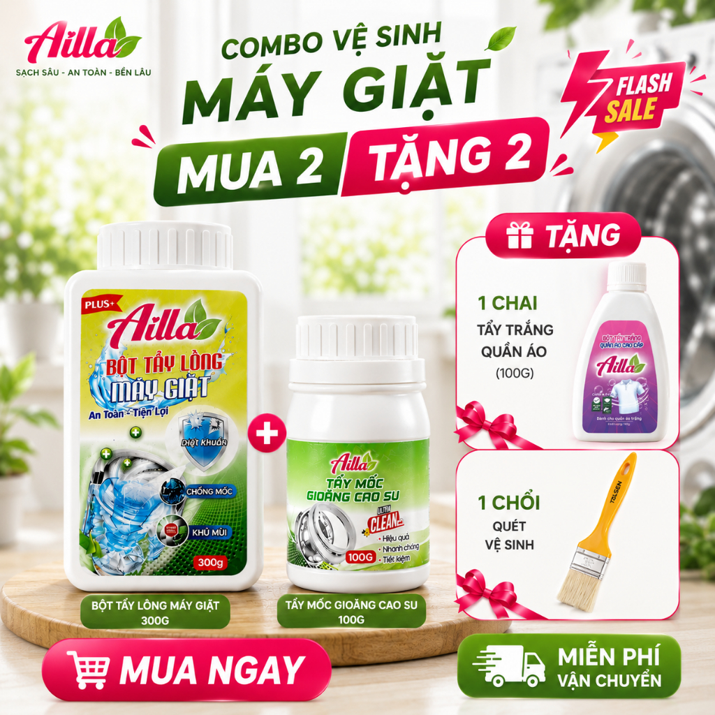 [ TẶNG CHỔI QUÉT ] Combo Sấm Sét: Bột Tẩy Lồng Máy Giặt Ailla 300Gr + Tẩy Mốc Gioăng Cao Su Ailla 100Gr