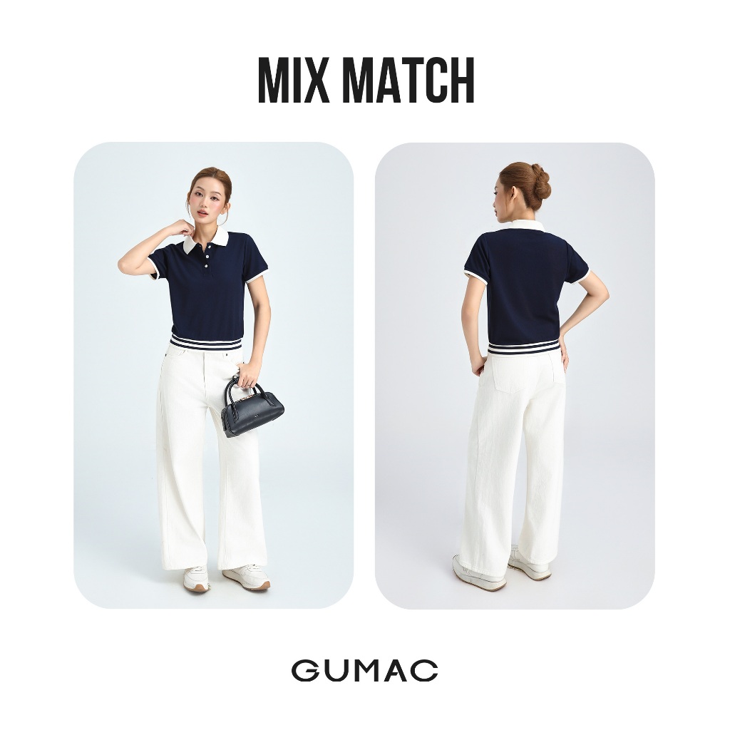 Áo Polo Nữ GUMAC Form Lửng Chất Thun Tổ Ong Bo Tay Phối Kiểu Sọc Thoáng Mát Trẻ Trung APG01024