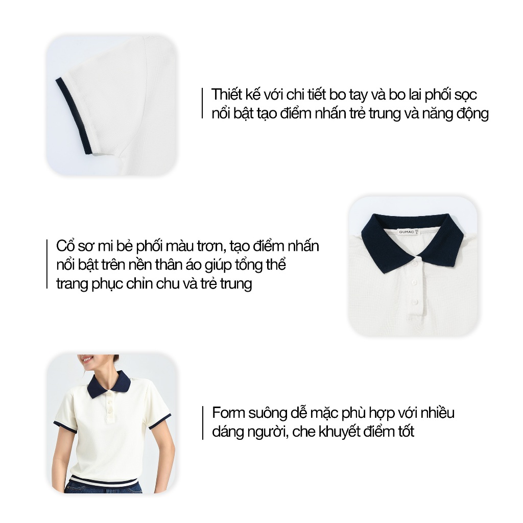 Áo Polo Nữ GUMAC Form Lửng Chất Thun Tổ Ong Bo Tay Phối Kiểu Sọc Thoáng Mát Trẻ Trung APG01024