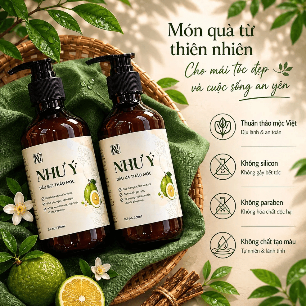 Bộ đôi dầu gội xả thảo mộc Như Ý Hỗ trợ giảm rụng, gàu ngứa và hỗ trợ kích nang tóc con