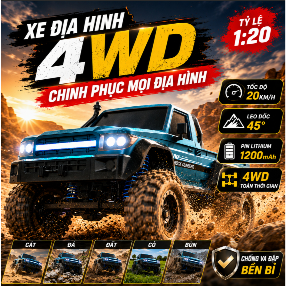 Xe RC leo núi địa hình 1:20 4WD 2 kiểu Pickup/SUV, xe điều khiển từ xa giảm chấn độc lập lốp offroad 4 màu cho bé trai