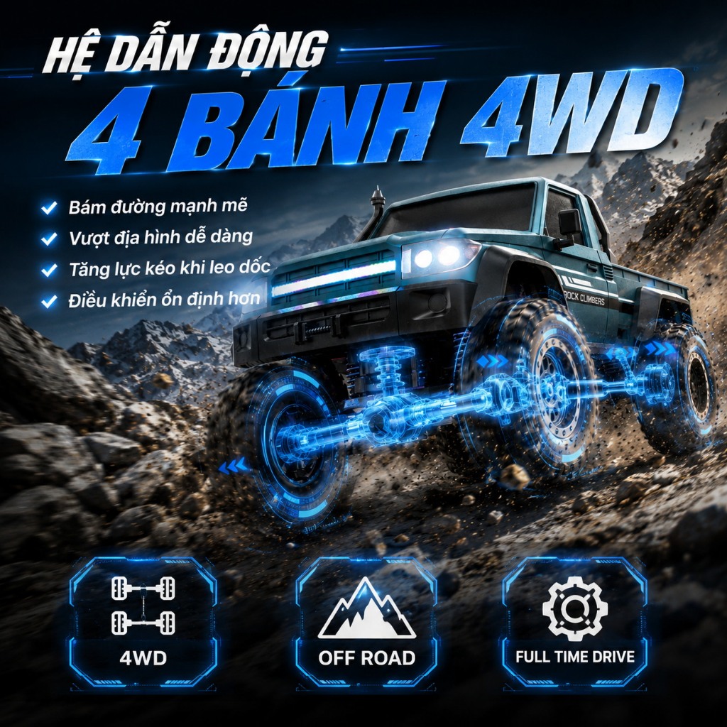 Xe RC leo núi địa hình 1:20 4WD 2 kiểu Pickup/SUV, xe điều khiển từ xa giảm chấn độc lập lốp offroad 4 màu cho bé trai