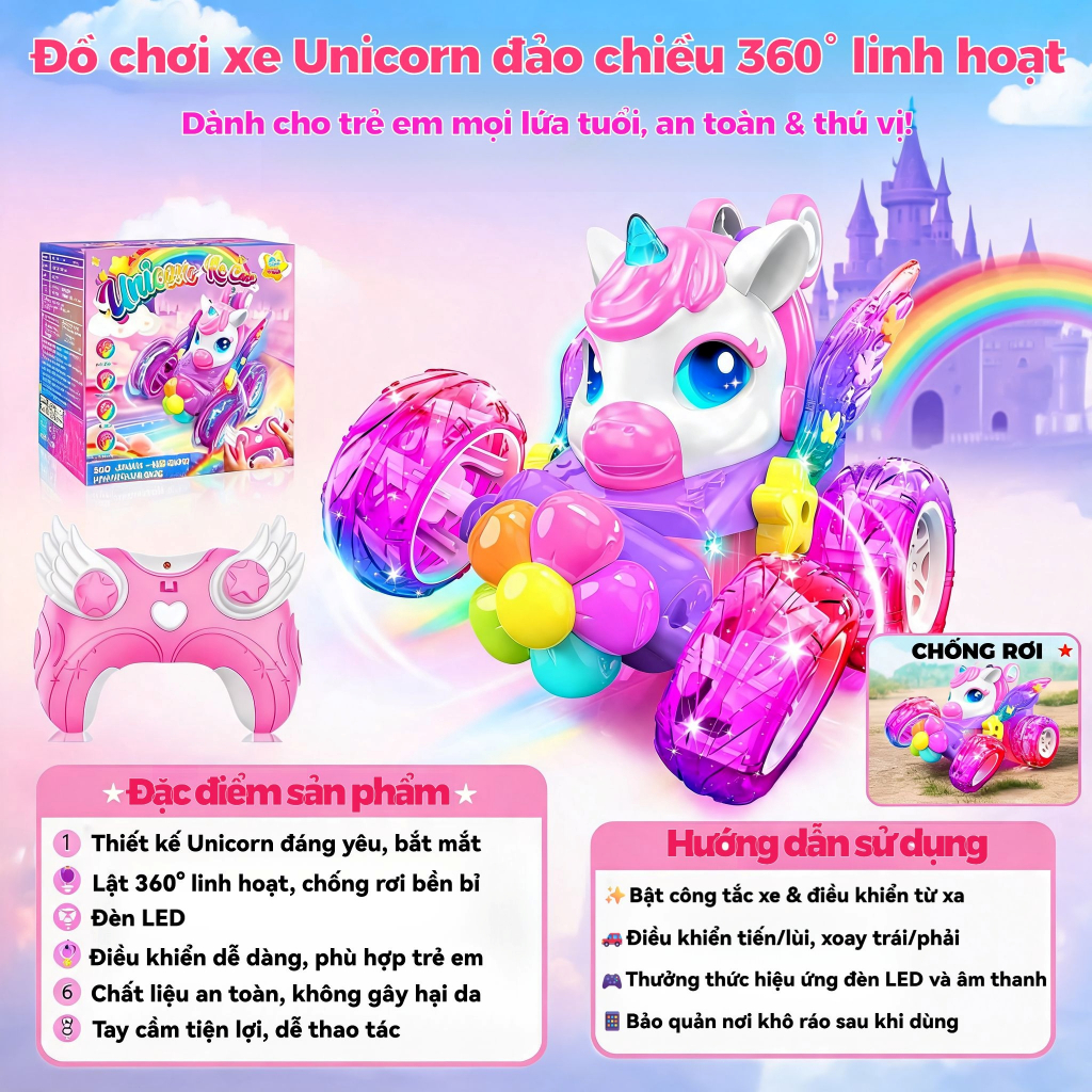 Xe thể thao xoay 360° Unicorn Kỳ Lân 4WD đèn LED – lật ngược không vỡ,sạc nhanh, 2.4G xa, quà tặng tuyệt cho bé gái