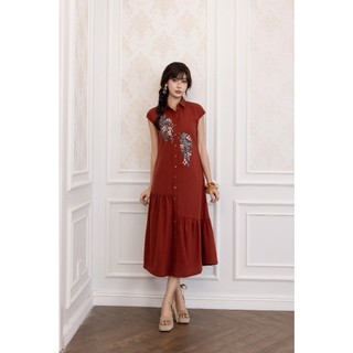 SWANLAKE | Váy Đầm Nữ Maxi Suông Tay Hến Cổ Sơ Mi Cài Nút Vải Linen Thêu Hoa Công Sở Dạo Phố D13603