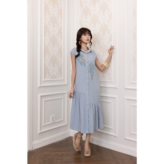 SWANLAKE | Váy Đầm Nữ Maxi Suông Tay Hến Cổ Sơ Mi Cài Nút Vải Linen Thêu Hoa Công Sở Dạo Phố D13603