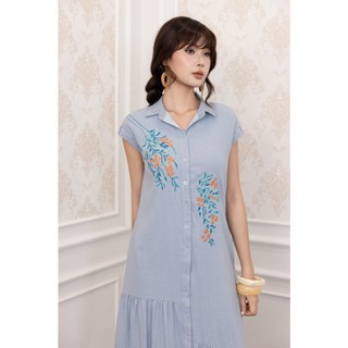 SWANLAKE | Váy Đầm Nữ Maxi Suông Tay Hến Cổ Sơ Mi Cài Nút Vải Linen Thêu Hoa Công Sở Dạo Phố D13603