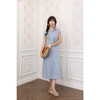 SWANLAKE | Váy Đầm Nữ Maxi Suông Tay Hến Cổ Sơ Mi Cài Nút Vải Linen Thêu Hoa Công Sở Dạo Phố D13603