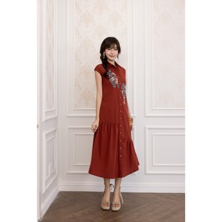SWANLAKE | Váy Đầm Nữ Maxi Suông Tay Hến Cổ Sơ Mi Cài Nút Vải Linen Thêu Hoa Công Sở Dạo Phố D13603