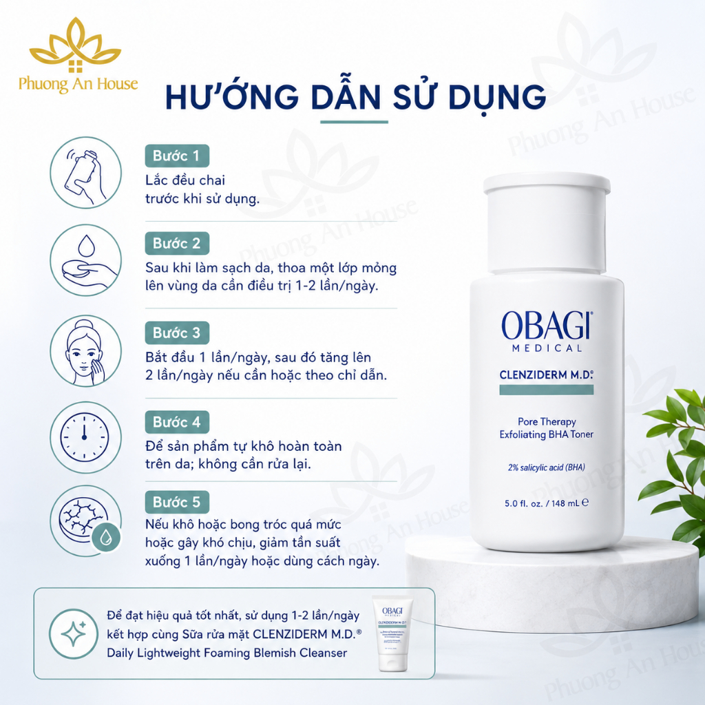 Toner 2% BHA Obagi Hỗ Trợ Giảm Mụn, Dầu Nhờn Tẩy Tế Bào Chết Clenziderm MD Pore Therapy 148ml