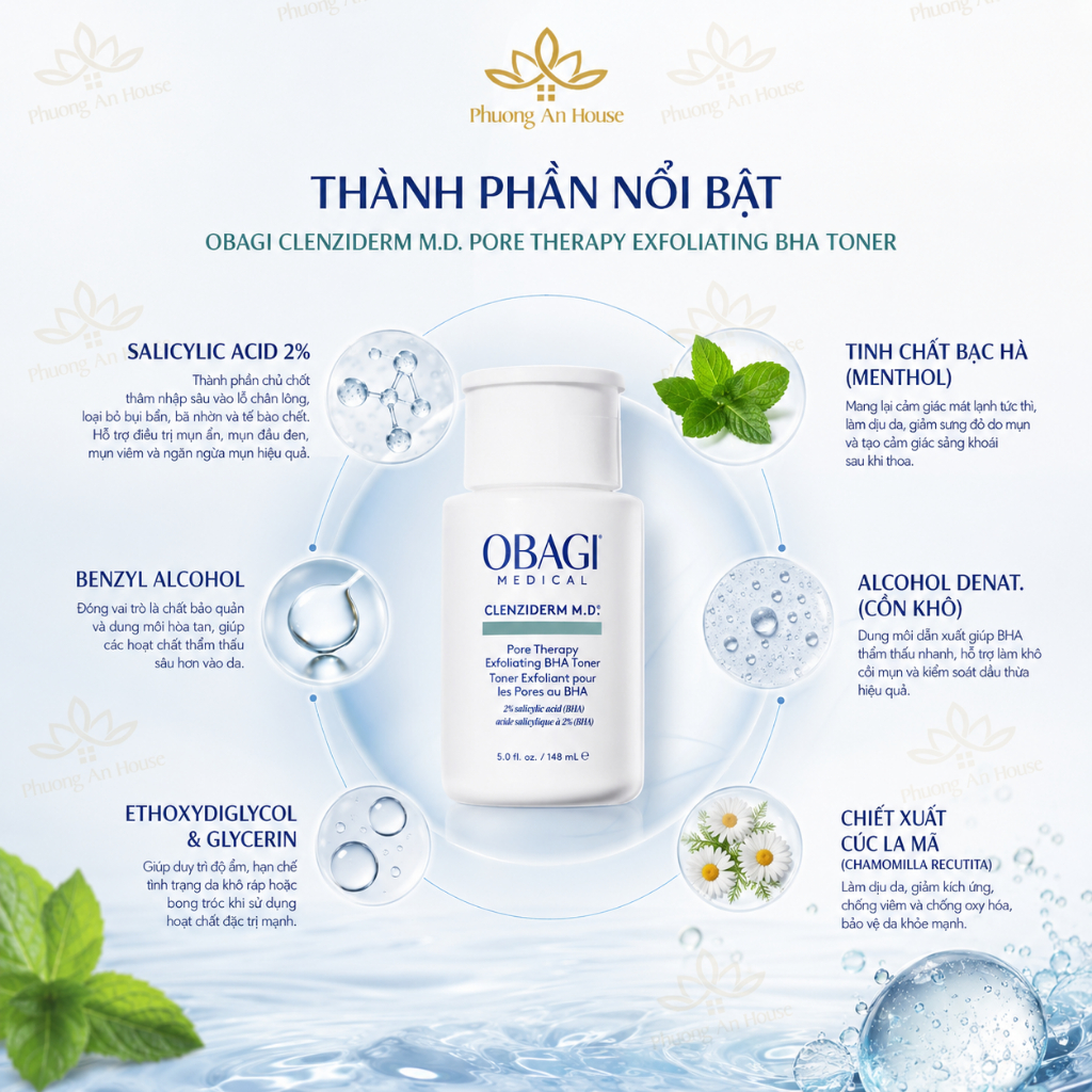 Toner 2% BHA Obagi Hỗ Trợ Giảm Mụn, Dầu Nhờn Tẩy Tế Bào Chết Clenziderm MD Pore Therapy 148ml