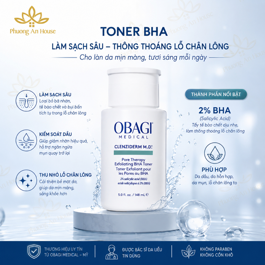 Toner 2% BHA Obagi Hỗ Trợ Giảm Mụn, Dầu Nhờn Tẩy Tế Bào Chết Clenziderm MD Pore Therapy 148ml