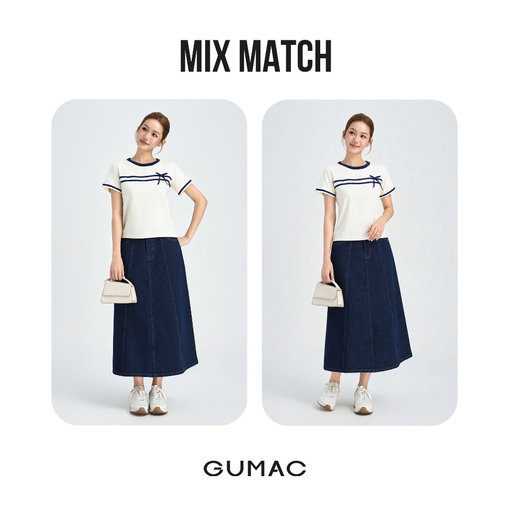 Áo Thun Nữ GUMAC Cổ Tròn Tay Ngắn Phối Dây Nơ Cách Điệu Chất Cotton Co Giãn Thoáng Mát LATF0423