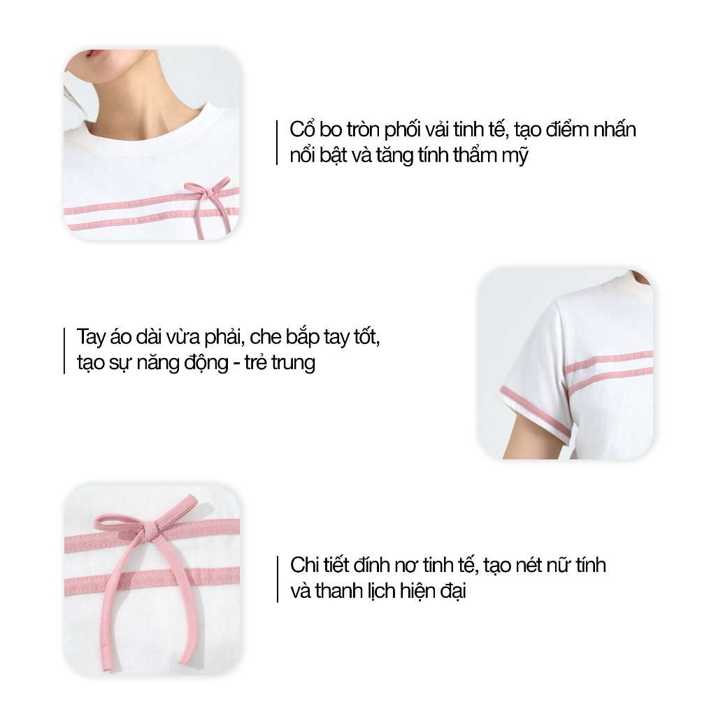 Áo Thun Nữ GUMAC Cổ Tròn Tay Ngắn Phối Dây Nơ Cách Điệu Chất Cotton Co Giãn Thoáng Mát LATF0423