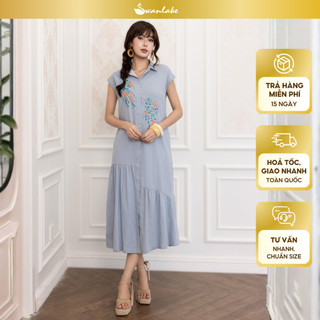 SWANLAKE | Váy Đầm Nữ Maxi Suông Tay Hến Cổ Sơ Mi Cài Nút Vải Linen Thêu Hoa Công Sở Dạo Phố D13603