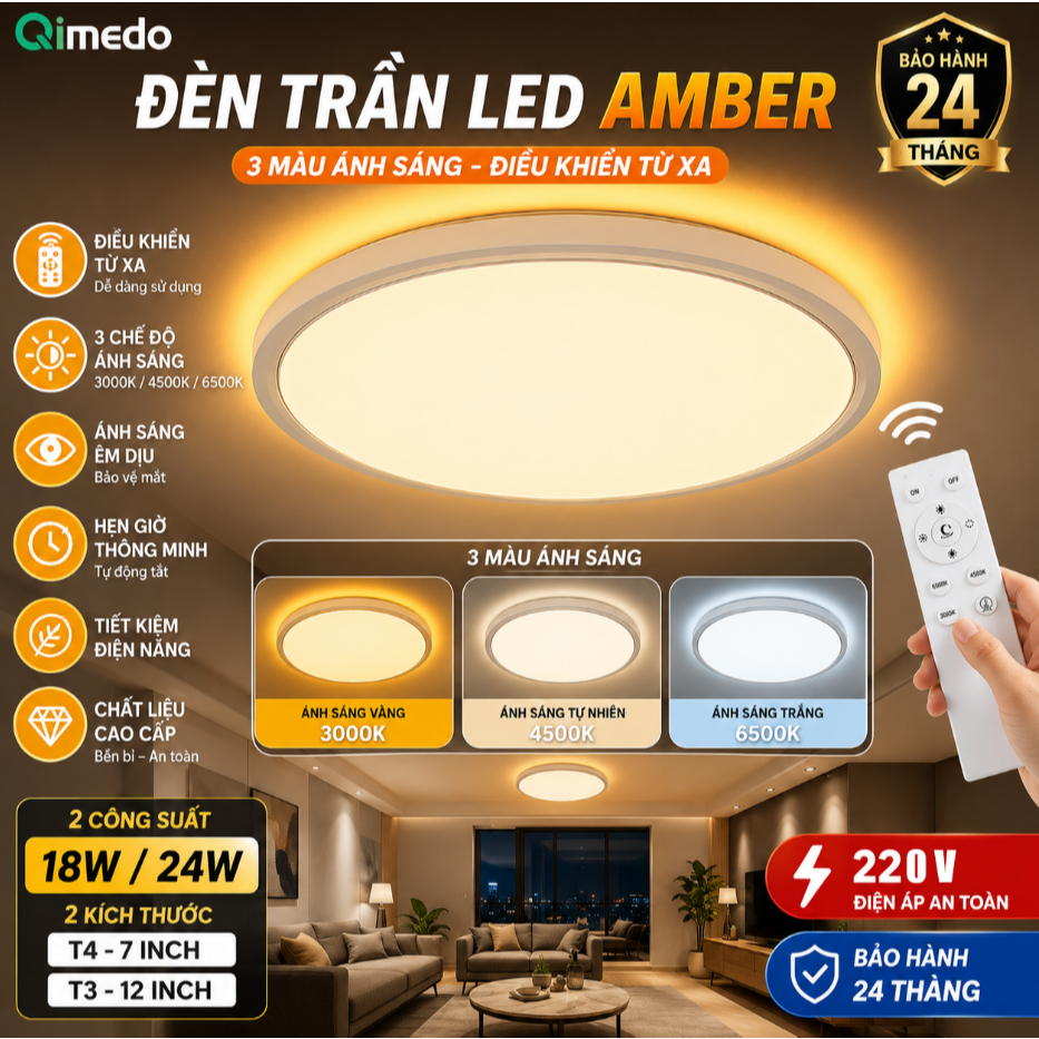 Đèn Trần LED Amber 3 Màu Ánh Sáng,Điều Khiển Từ Xa,Đèn Ốp Trần Phòng Khách Phòng Ngủ Cao Cấp 18W/24W