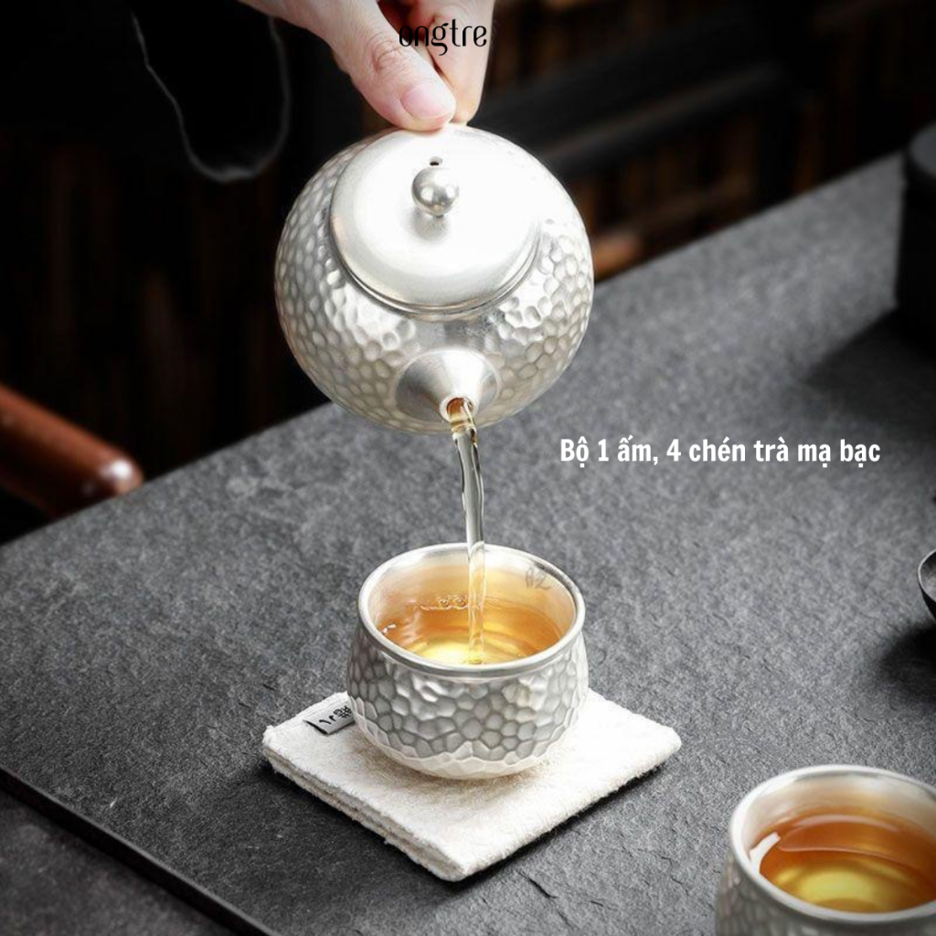 Bộ ấm trà ONGTRE bằng gốm sứ tử sa, mạ bạc nguyên chất, quà tặng sang trọng cho tổ chức, cá nhân