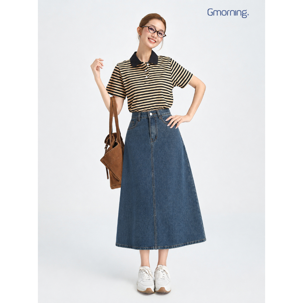 Chân Váy Jeans Midi GMORNING Dáng A Cơ Bản Chất Denim Mềm Thoải Mái Dễ Phối YVJF01071 - YVG07102