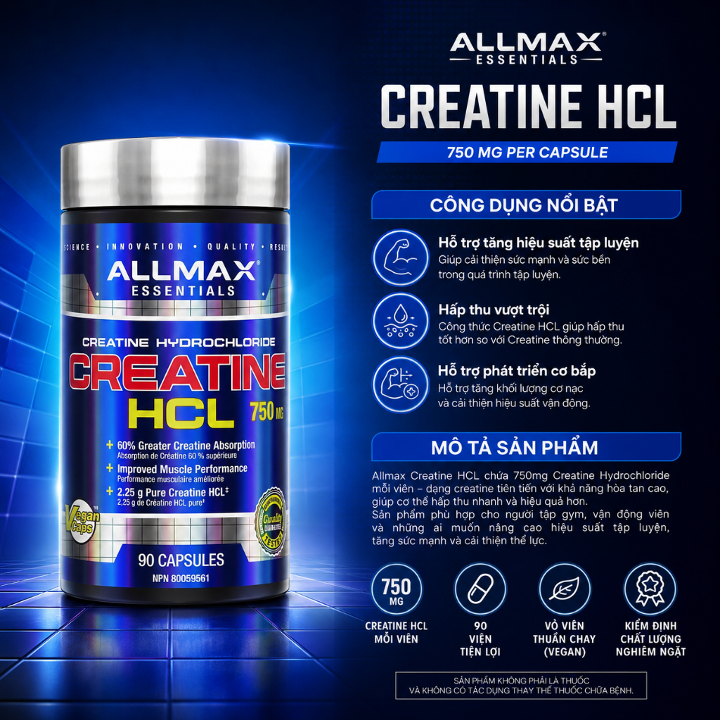 Allmax Creatine HCL 750mg (90 Viên) - Dạng Viên Tiện Dụng Cho Người Tập Gym