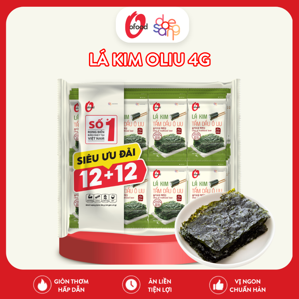 [PHIÊN BẢN 24 GÓI] Rong Biển Lá Kim O’Food Ô Liu 4G – Combo 12+12 – Ăn Liền Healthy