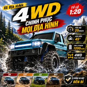 Xe địa hình điều khiển từ xa 4WD tỉ lệ 1:20, hệ thống dẫn động 4 bánh leo dốc mạnh mẽ giảm chấn lò xo độc lập