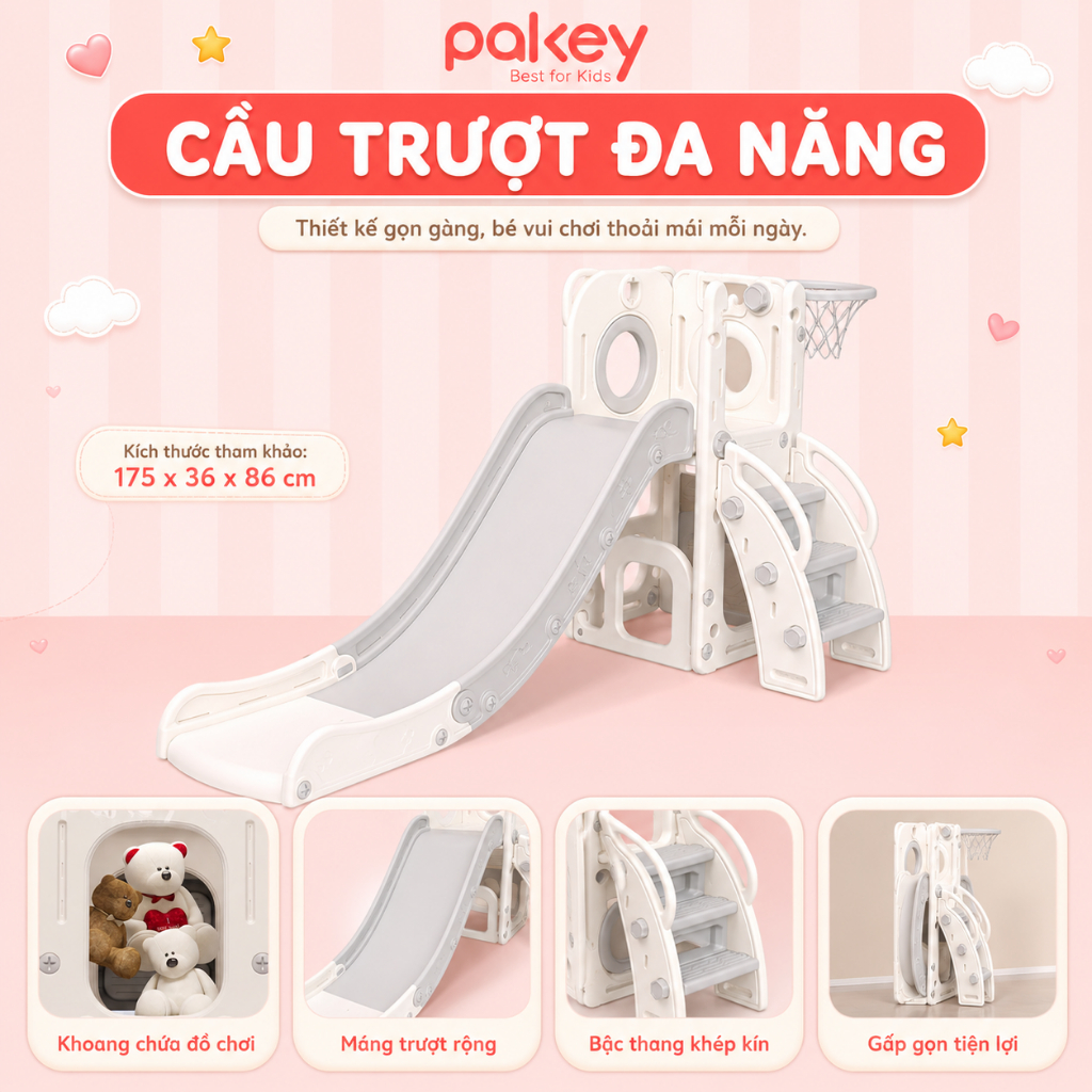 [NEW 2026] Cầu Trượt Cao Cấp Pakey Lâu Đài Chơi Trong Nhà, Ngoài Trời Cho Bé, Cầu Tuột Trẻ Em Dày Dặn Chắc Chắn An Toàn