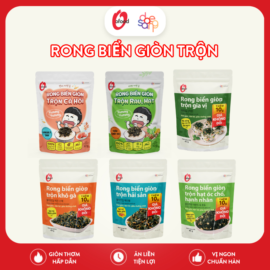 [O'Food] Rong biển giòn trộn khô gà, hải sản, hạt óc chó hạnh nhân, cá hồi, rau&hạt O'Food