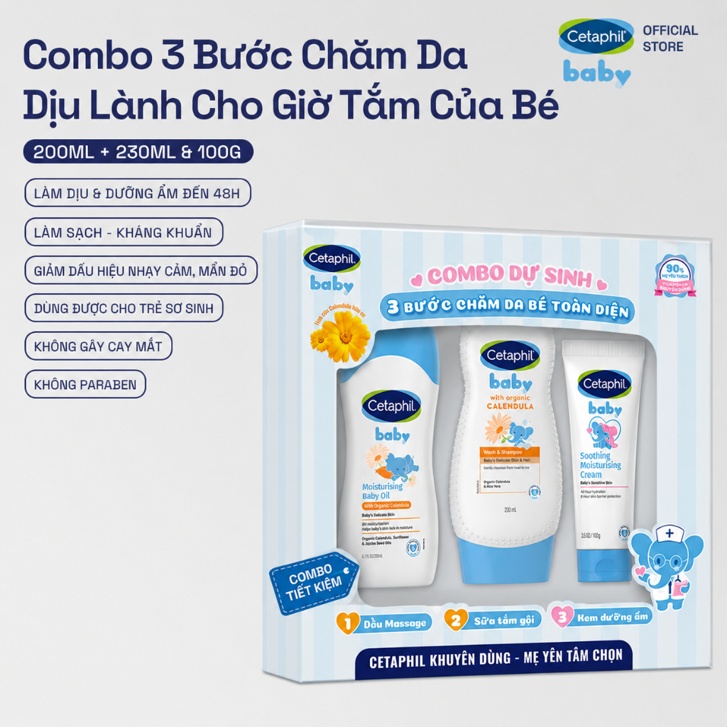 [HANNAH x CETAPHIL] Combo dự sinh 3 bước chăm sóc da bé toàn diện Dầu Massage 200ML+Sữa tắm gội 230ML+Kem dưỡng ẩm 100G