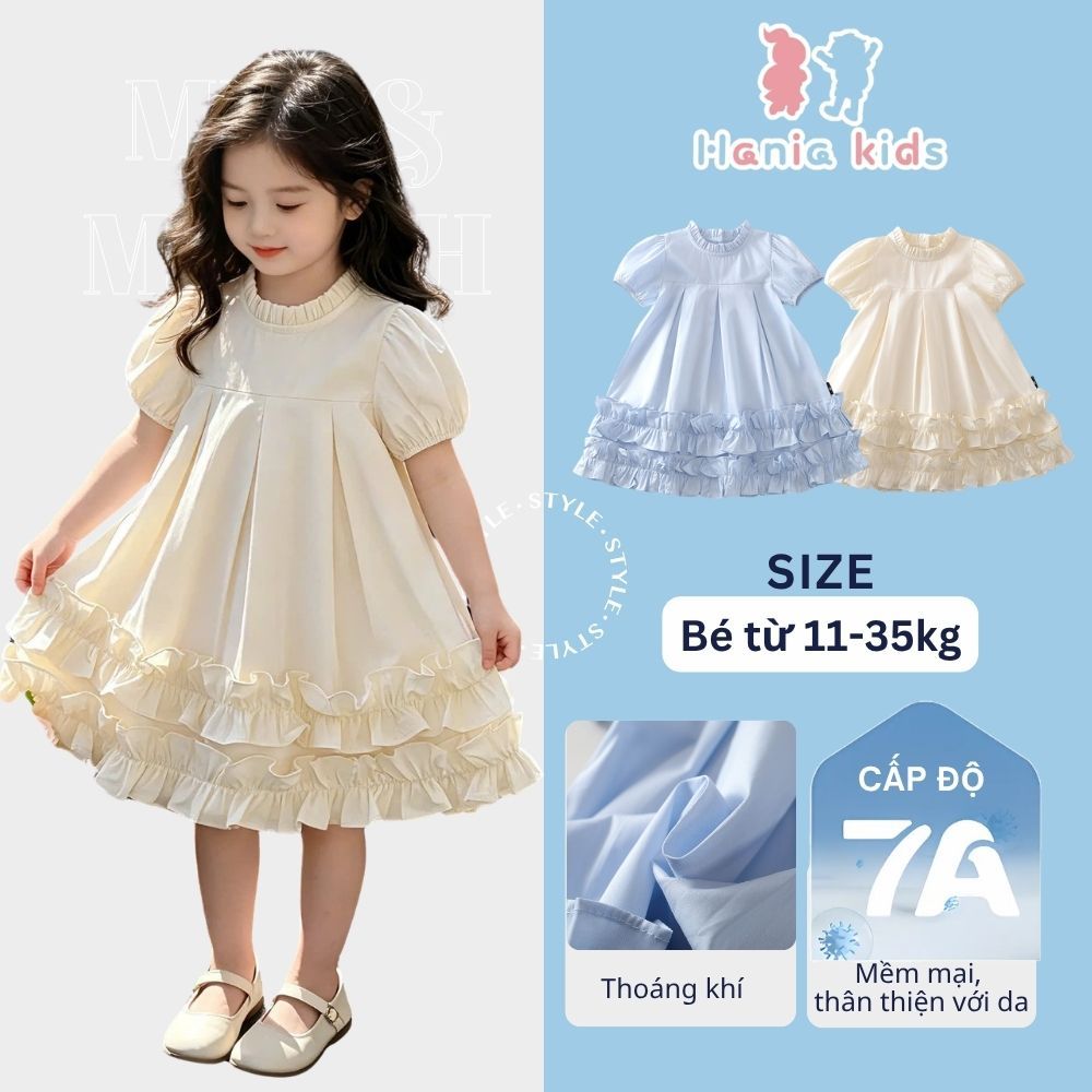 Váy Bé Gái, Váy Bé Gái Thiết Kế Tiểu Thư Phối Tay Bồng Cổ Bèo Chất Liệu Cotton Mặc Hàng Ngày