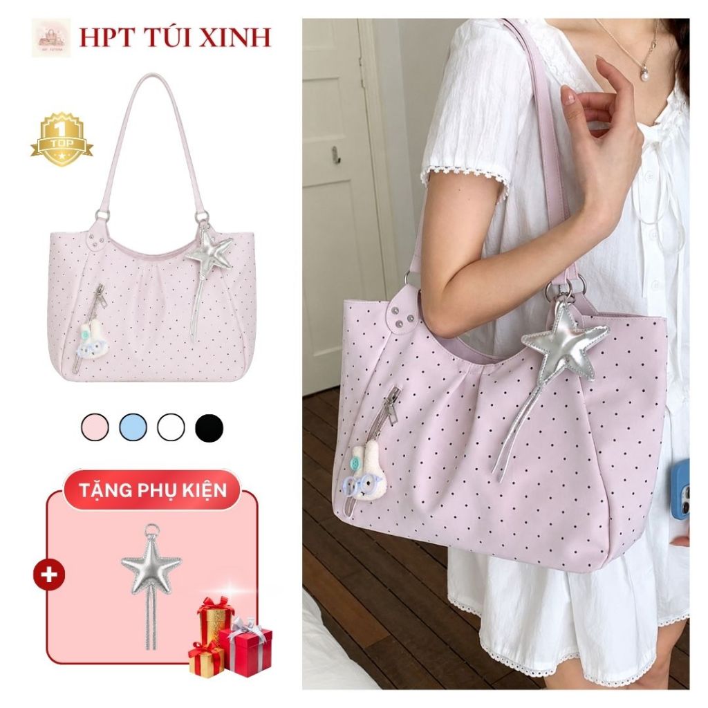 Túi xách nữ đeo vai đeo chéo họa tiết chấm bi, túi tote pastel dung tích lớn phong cách Hàn Quốc