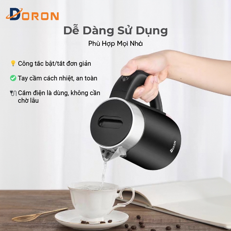 Ấm đun nước, bình đun siêu tốc DORON 1200W dung tích 1l, chất liệu inox