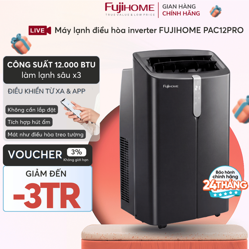 Điều hòa di động Inverter 12.000 BTU PAC12PRO FUJIHOME, máy lạnh cây đứng làm lạnh nhanh