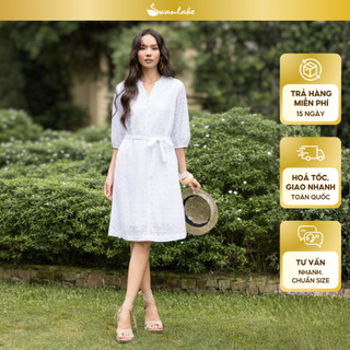 SWANLAKE | Váy Đầm Nữ Suông Cổ Trụ Cài Nút Dây Thắt Eo Cotton Thêu Đục Lỗ Tay Bí Lỡ Có Túi D12671