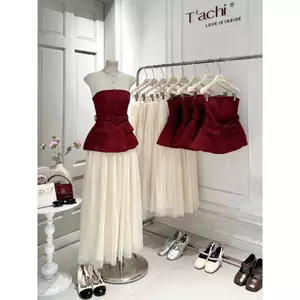 SET ÁO CÚP NGỰC DẠ PHỐI CHÂN VÁY LƯỚI DÀI, SET ĐỒ NỮ TIỂU THƯ | MEOINDAHOUSE