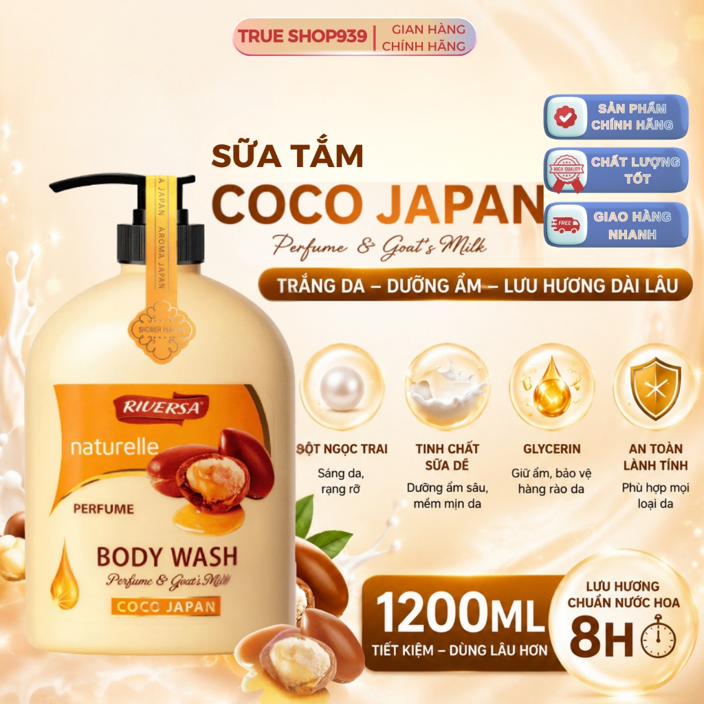 Sữa Tắm Trắng Da Riversa CoCo thơm ngọt ngào mềm mịn da 1200ml