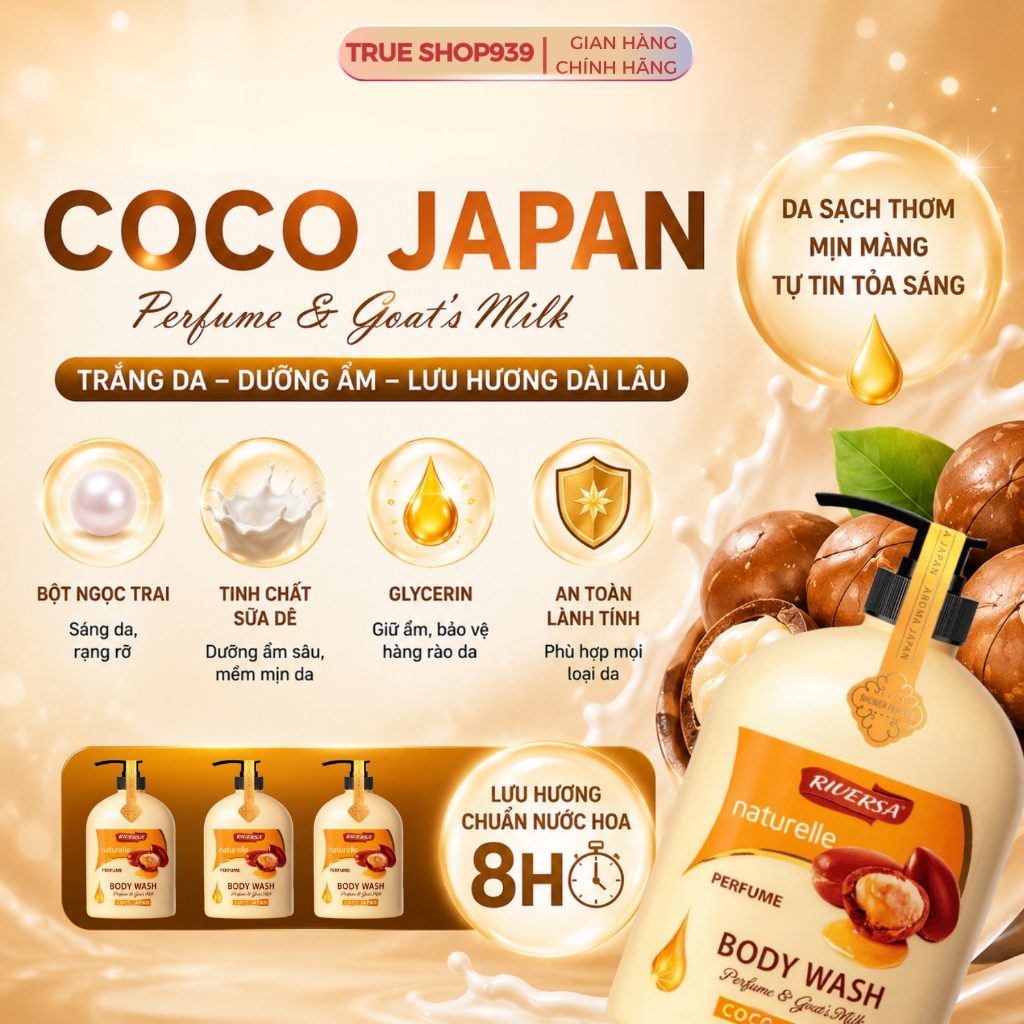 Sữa Tắm Trắng Da Riversa CoCo thơm ngọt ngào mềm mịn da 1200ml