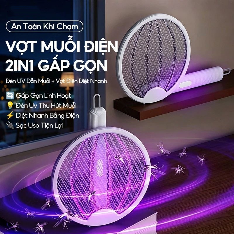 Vợt Muỗi Điện Gấp Gọn 3in1 Đèn UV Dẫn Muỗi Tự Động Sạc USB Diệt Muỗi Không Dây An Toàn Gia Đình