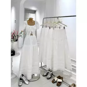 SET ÁO VIỀN REN NƠ ĐÔI PHỐI CHÂN VÁY DÀI XẾP LY | MEOINDAHOUSE