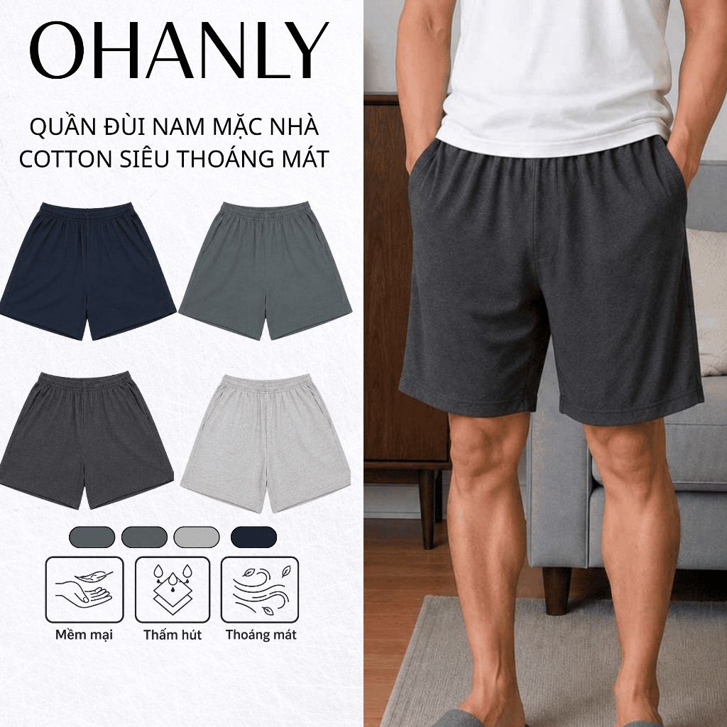 Quần Đùi Nam Mặc Nhà OHANLY – Quần Đùi Nam Cotton Form Suông Co Giãn Mặc Nhà Đi Chơi Thể Dục Basic
