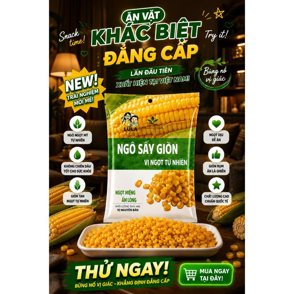 Ngô Mỹ sấy giòn Wakamono Organic vị nguyên bản 40gam/gói, thơm ngon, ngọt ngọt, giòn giòn, ăn vặt