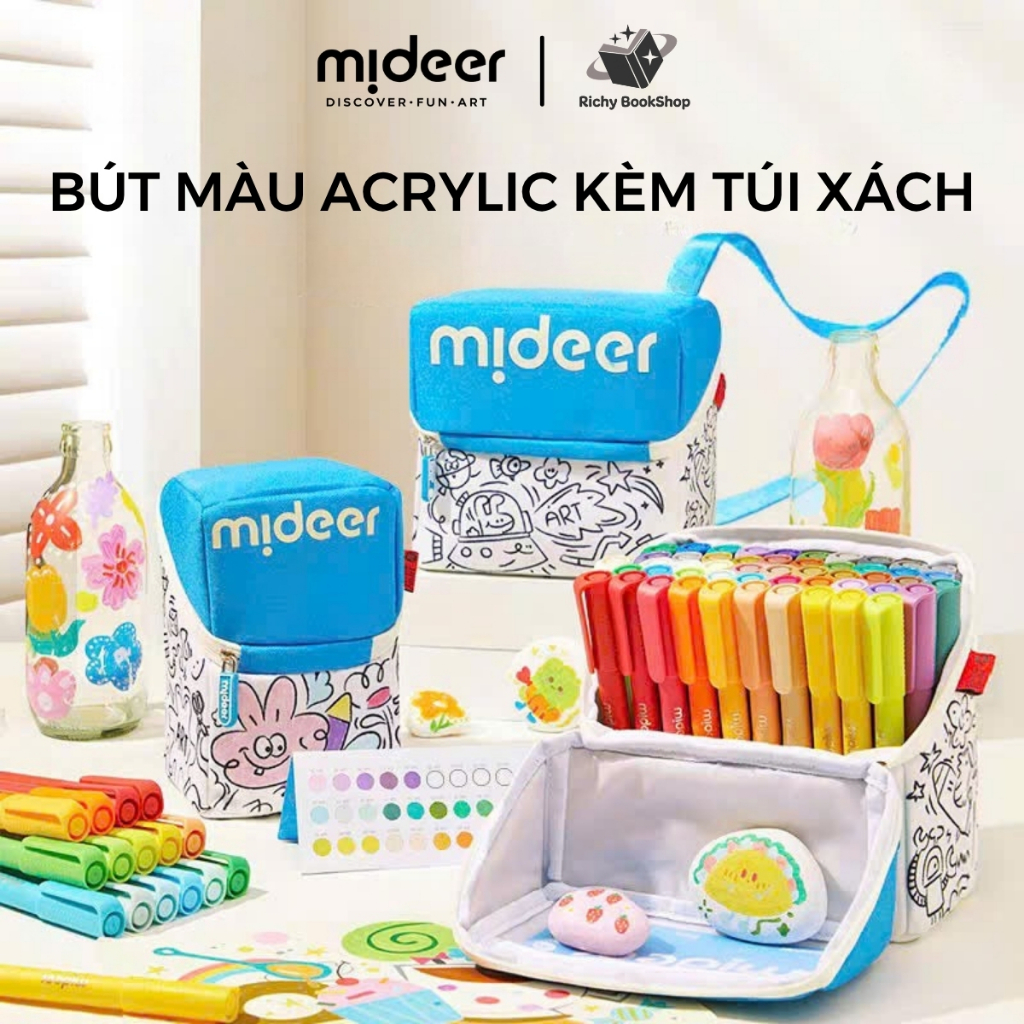 Bút màu acrylic kèm túi xách cho bé tô trên mọi chất liệu, xoá được, an toàn Mideer acrylic Markers