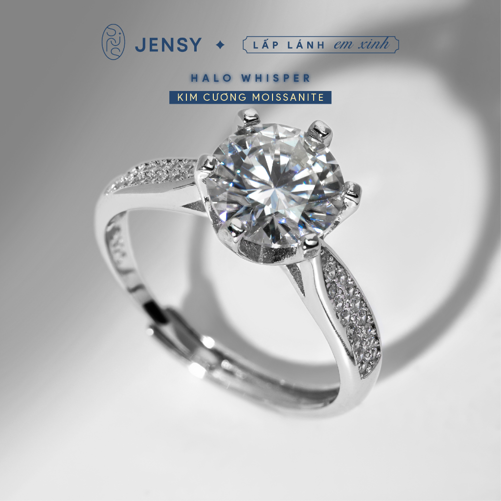 Nhẫn Bạc Gắn Kim Cương Moissanite Xi Bạch Kim, Kiểm Định GRA ''Halo Whisper" NLIN1. Nhẫn Nữ Cao Cấp