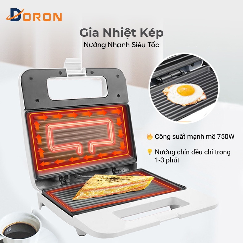 Máy nướng bánh mì,kẹp bánh sandwich DORON 750W làm nóng đều 2 mặt khuôn