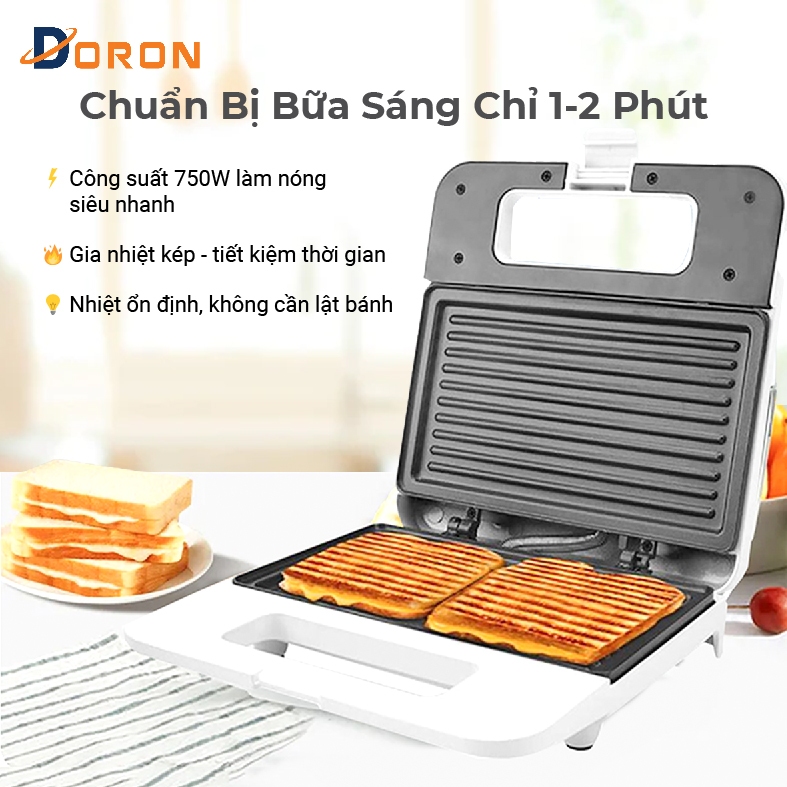 Máy nướng bánh mì,kẹp bánh sandwich DORON 750W làm nóng đều 2 mặt khuôn
