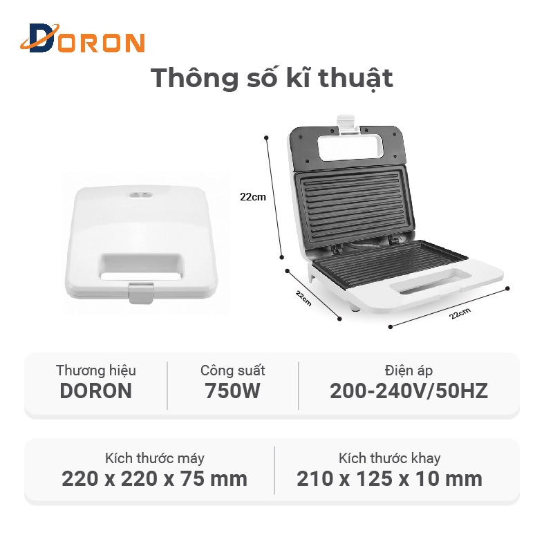 Máy nướng bánh mì,kẹp bánh sandwich DORON 750W làm nóng đều 2 mặt khuôn