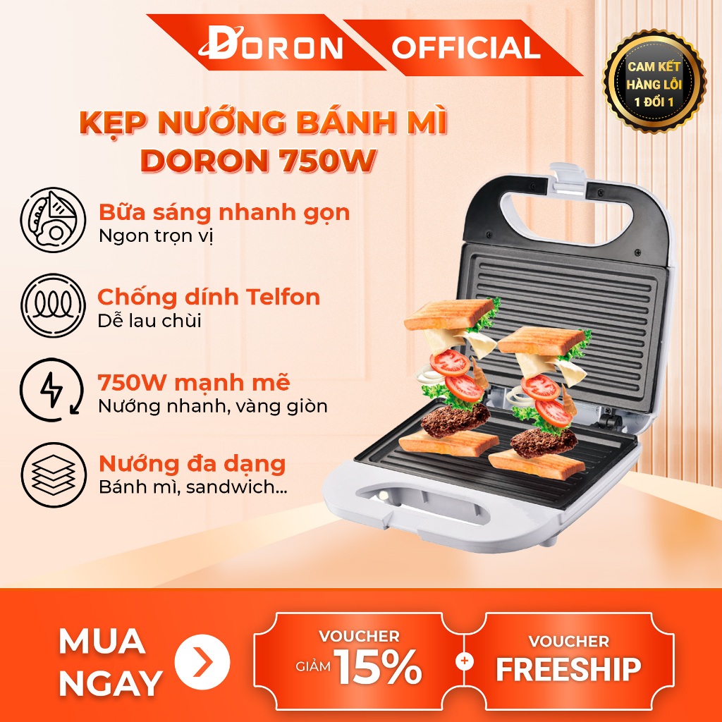 Máy nướng bánh mì,kẹp bánh sandwich DORON 750W làm nóng đều 2 mặt khuôn