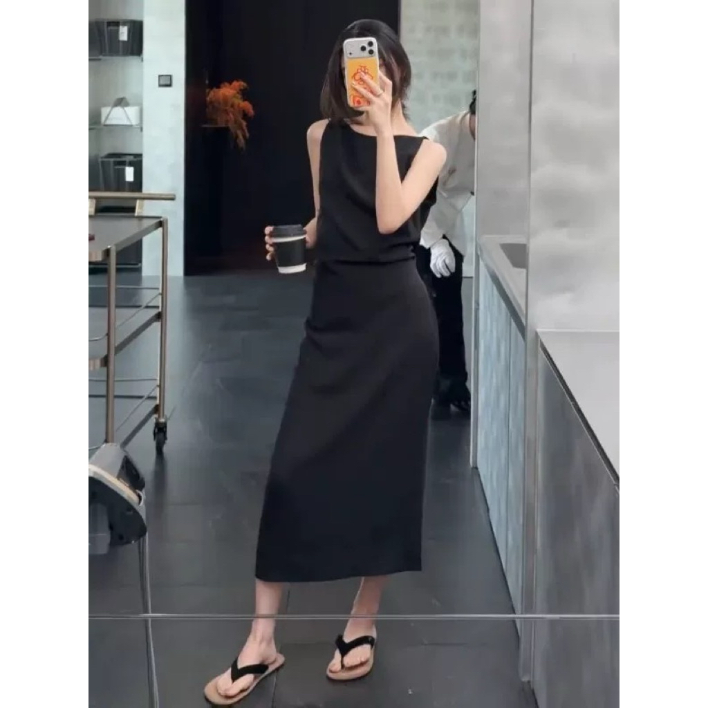 Váy Maxi Đen Dáng Suông Hở Lưng Quyến Rũ - Đầm Nữ Không Tay Cổ Thuyền Thanh Lịch Dự Tiệc, Đi Chơi, Công Sở
