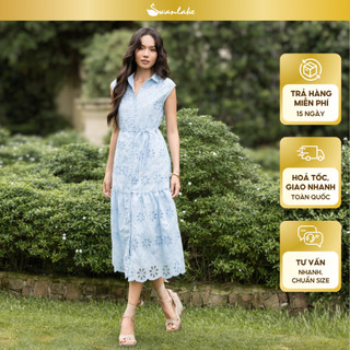 SWANLAKE | Váy Đầm Nữ Maxi Sơ Mi Suông Sát Nách Đuôi Cá Cotton Thêu Hoa Đục Lỗ Cài Nút Có Túi D12905
